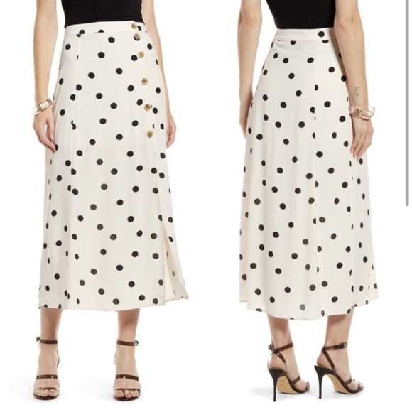 Something Navy Dresses & Skirts - NWT Something Navy Polka Dot Button Front Midi Skirt Slit Lined Cream Small